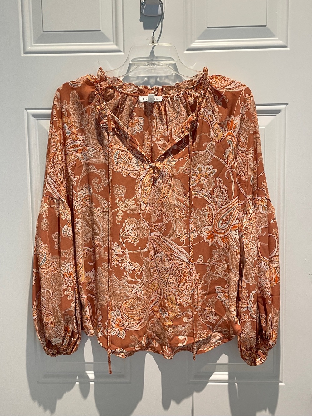 Blu Pepper Peach Rust Paisley Long Sleeve Peasant Blouse Top Size Medium